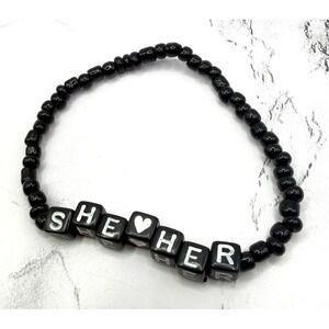 She/Her Pronoun Black Beaded Bracelet Pride Jewelry